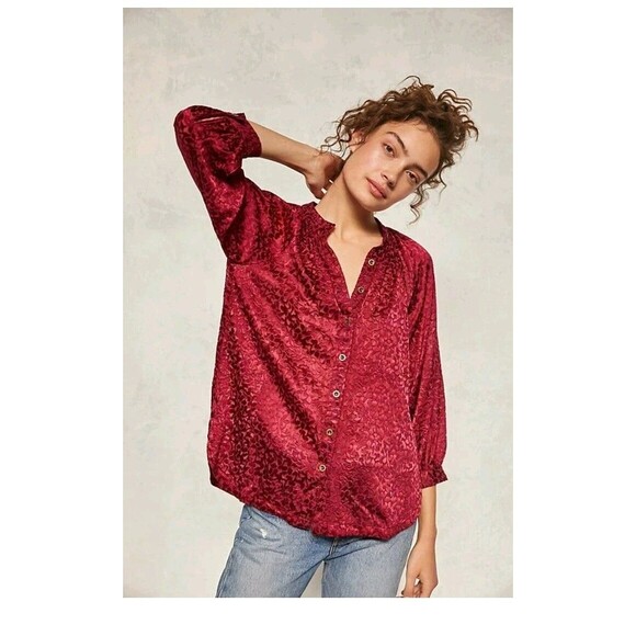 Anthropologie Susanna Burnout Velvet Button Front Blouse Plum Size Small Boho - Picture 1 of 9